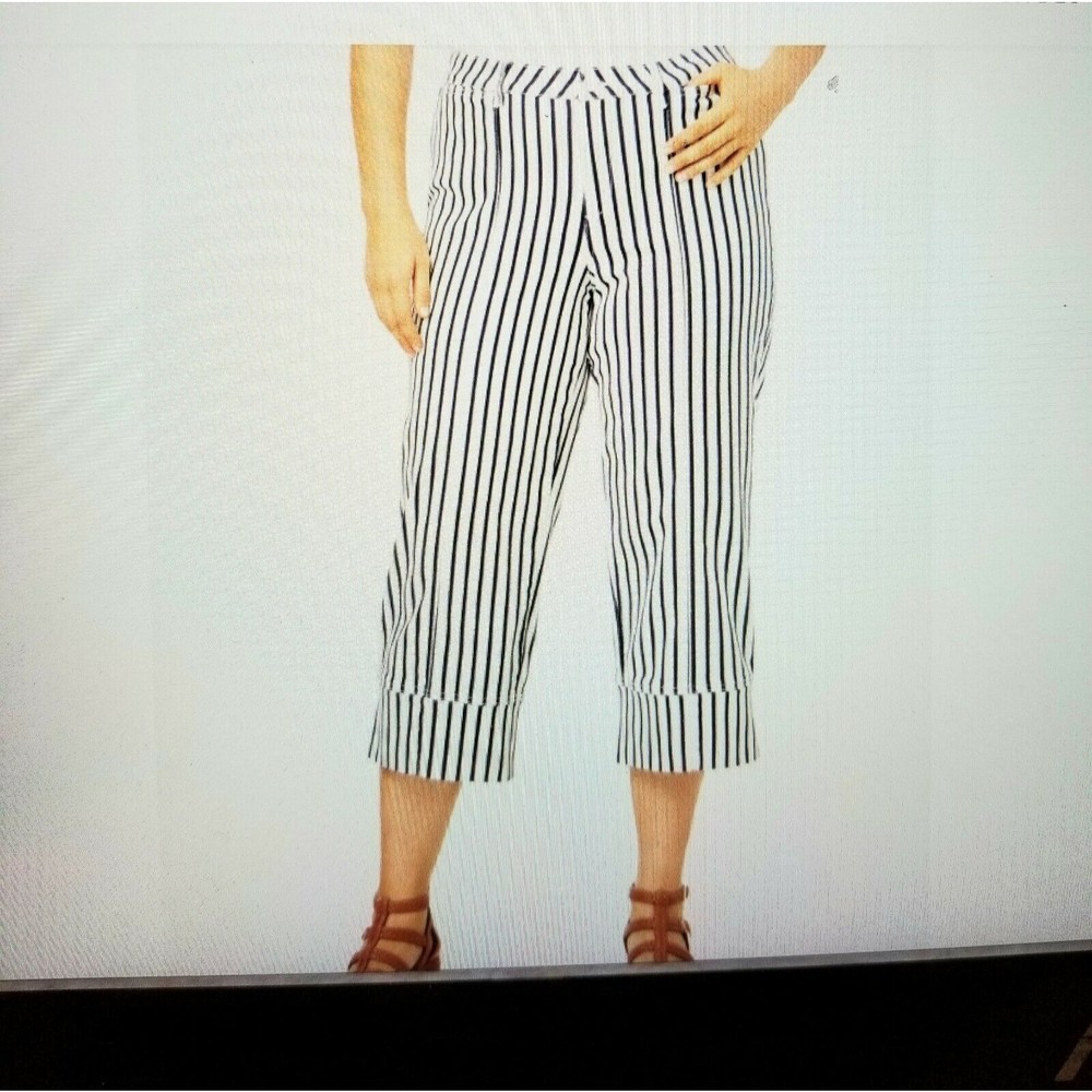 Roamans Womens 18W Plus Size Cropped Stretch Chino Pants, navy & White Striped